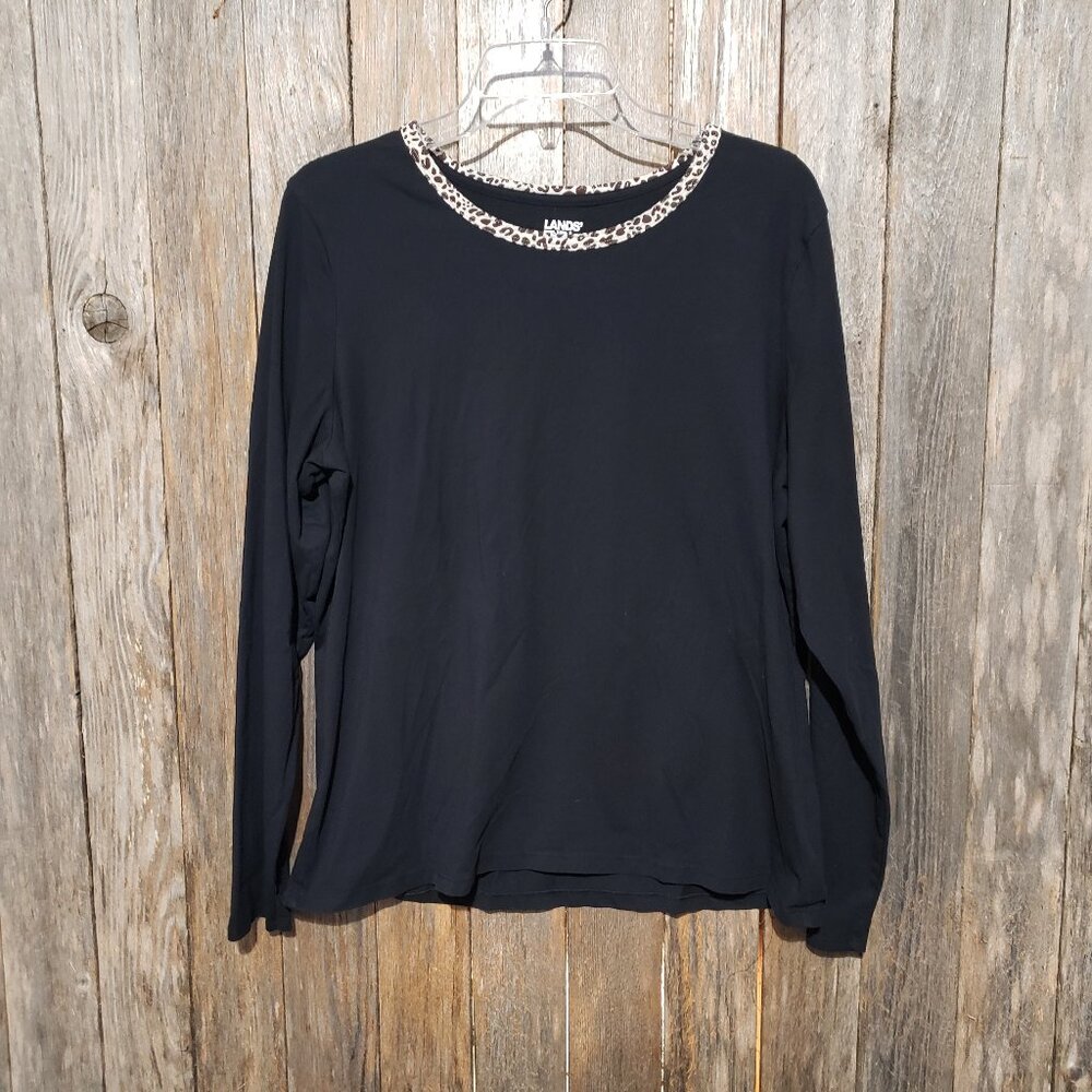 Lands End L 12 14 Women's Tee Knit Top Black Leopard Trim Long Sleeve T Shirt